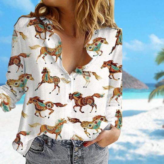 Horse Women Casual Shirt, Horse Lover Women Blouses Shirt, Horse Long Sleeve Shirt, Farm Animal Shirt, Farmer Girl Shirt For Women