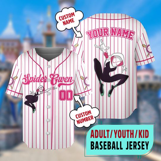 Custom Spiderman Spiderverse Spider-Gwen Baseball Jersey, Superhero Kids Adult Baseball Jersey, Spider-Man Baseball Team Birthday Gift