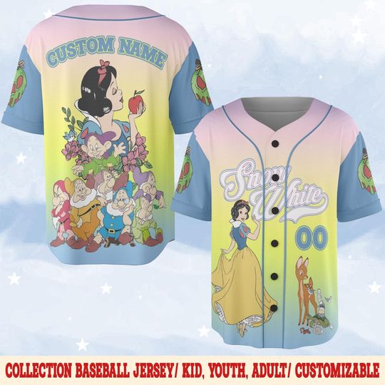 Custom Snow White Baseball Jersey, 7 Dwarfs Disney Baseball Jersey for Girls Trip, Kids Youth Adult Team, Princess Birthday Outfit