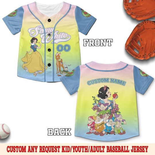 Custom Snow White Baseball Jersey, 7 Dwarfs Disney Baseball Jersey for Girls Trip, Kids Youth Adult Team, Princess Birthday Outfit