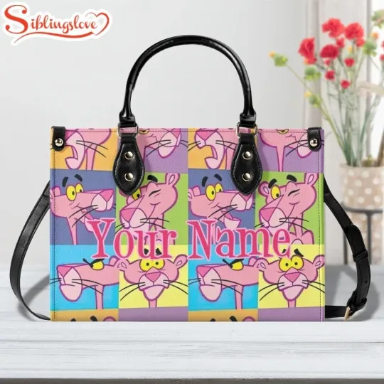 Personalized Pink Panther Leather Handbag, Pink Panther Women's Leather Bag Gift