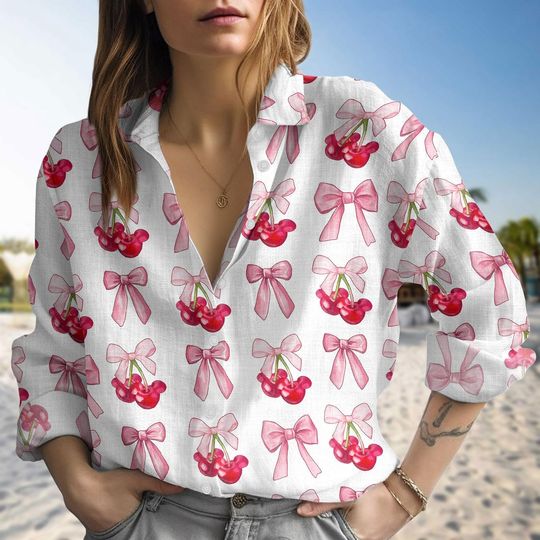 Kawaii Cherry Bow Women's Blouse, Mother's Day Gift