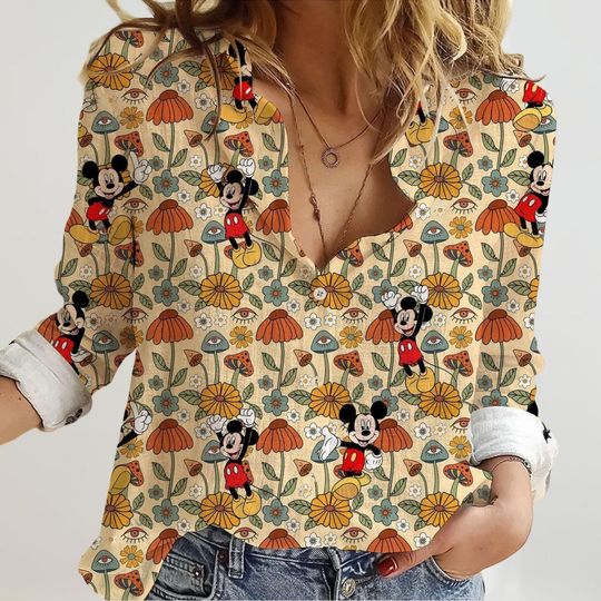 Mickey Floral Linen Shirt, Mickey Mouse Casual Shirt, Mushroom Boho Blouses Tops Women, Disney Family Trip Tee, Summer Gifts For Mom
