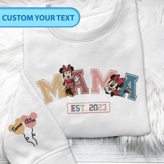 Personalized Disney Minnie Mama Embroidered Sweatshirt, Custom Kids Name Disney Sweater, Custom Minnie Mom Sweater, Mother's Day Gift