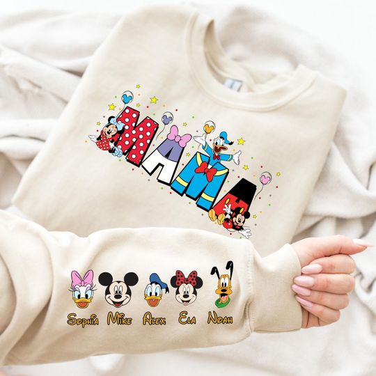 Disney Mother's Day Custom Sweatshirt with Kids' Names on the Sleeve, Personalized Mother's Day Gift, Mickey and Friends Mom Hoodie