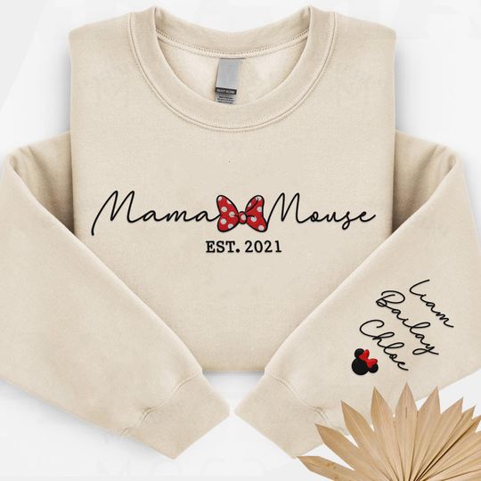 Custom Embroidered Disney Mom Mama Mouse Sweatshirt, Personalized Kid Name On Sleeve Embroidery, Mother's Day Gift For Mom, Disneyland Trip