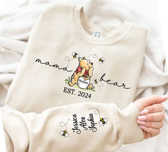 Custom Mama Bear Sweatshirt,Mama Est with Kids Name on Sleeve Sweatshirt, Personalized Mom Sweatshirt, Nana, Grandma, Gigi,Mothers Day Shirt