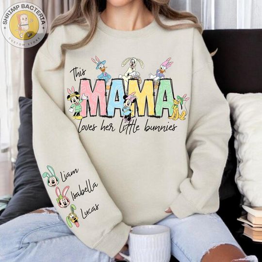 Custom Mama Disney Sweatshirt, Mama Sweatshirt With Kids Names On Sleeve, Mickey & Friends Sweatshirt, Mother's Day Gift, For Grandma Mom