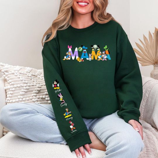 Personalized Disney Mama Sweatshirt, Disney Custom Mom Sweatshirt, Personalized Grandma Shirt, With Kids Name On Sleeve, Mother's Day Gift