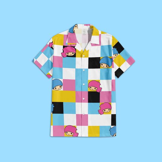 Sanrio Little Twin Stars Button Up Shirt, Kiki and Lala Sanrio Hawaiian Shirt, Sanrio Checkered Hawaiian Shirt