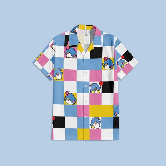 Sanrio Tuxedo Sam Button Up Shirt, Tuxedo Sam Sanrio Hawaiian Shirt, Sanrio Checkered Hawaiian Shirt
