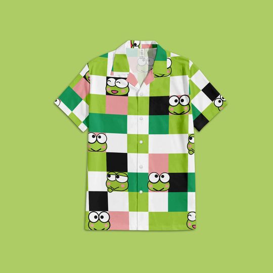 Sanrio Keroppi Button Up Shirt, Keroppi Sanrio Hawaiian Shirt, Sanrio Checkered Hawaiian Shirt