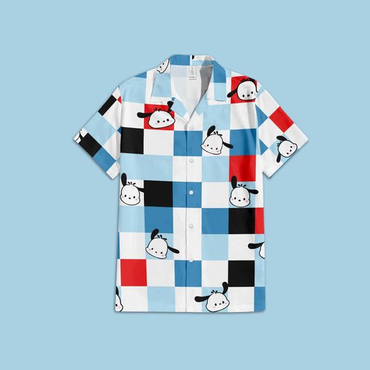 Sanrio Pochacco Button Up Shirt, Pochacco Sanrio Hawaiian Shirt, Sanrio Checkered Hawaiian Shirt