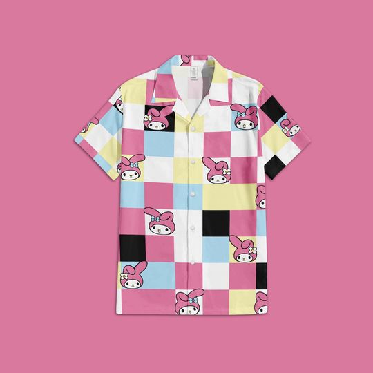 Sanrio My Melody Button Up Shirt, My Melody Sanrio Hawaiian Shirt, Sanrio Checkered Hawaiian Shirt