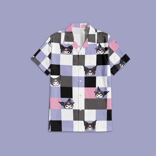 Sanrio Kuromi Button Up Shirt, Kuromi Sanrio Hawaiian Shirt, Sanrio  Checkered Hawaiian Shirt
