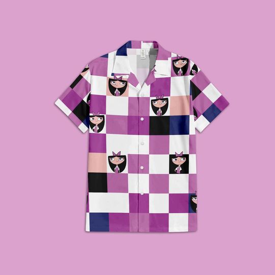 Phineas and Ferb Isabella Button Up Shirt, Phineas and Ferb Disney TV Series Hawaiian Shirt, Disney Checkered Hawaiian Shirt