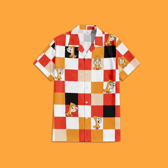 Phineas and Ferb Candace Flynn Button Up Shirt, Phineas and Ferb Disney TV Series Hawaiian Shirt, Disney Checkered Hawaiian Shirt