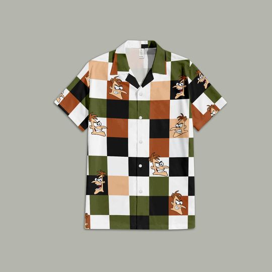 Phineas and Ferb Dr. Doofenshmirtz  Button Up Shirt, Phineas and Ferb Disney TV Series Hawaiian Shirt, Disney Checkered Hawaiian Shirt