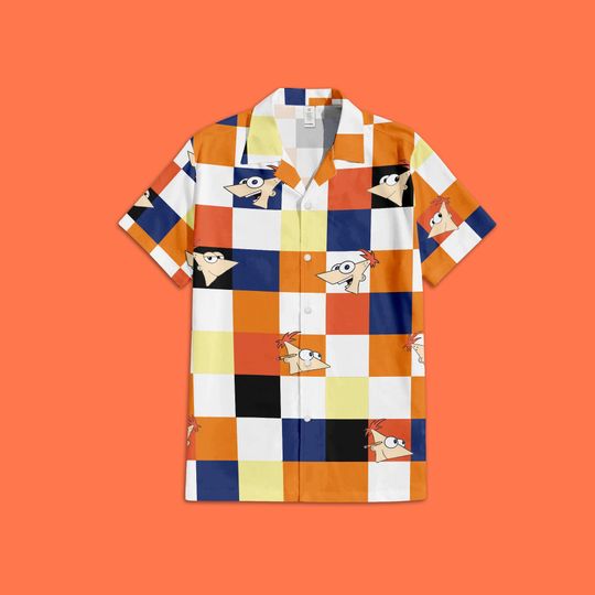 Phineas and Ferb Phineas Button Up Shirt, Phineas and Ferb Disney TV Series Hawaiian Shirt, Disney Checkered Hawaiian Shirt