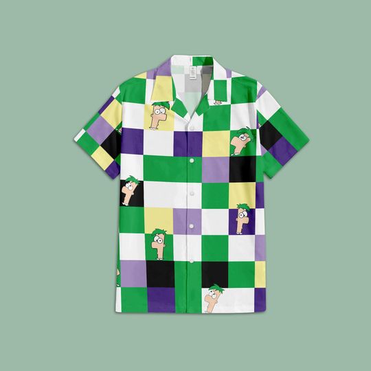 Ferb Phineas and Ferb Button Up Shirt, Phineas and Ferb Disney TV Series Hawaiian Shirt, Disney Checkered Hawaiian Shirt
