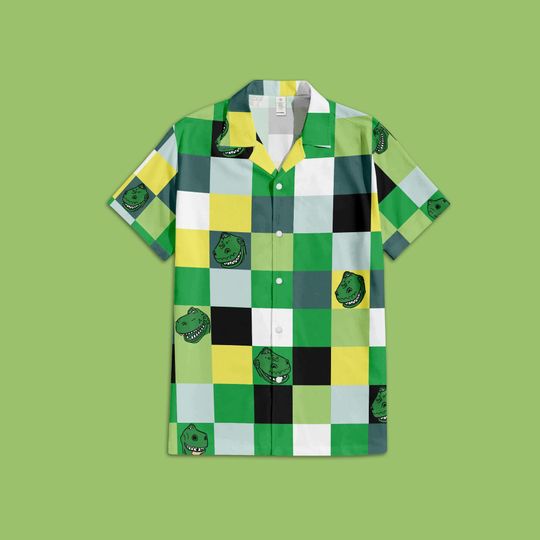 Toy Story Rex Button Up Shirt, Rex Toy Story Hawaiian Shirt, Toy Story Disney Pixar Checkered Hawaiian Shirt