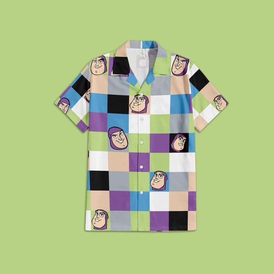 Toy Story Buzz Lightyear Button Up Shirt, Infinity and Beyond Pixar Hawaiian Shirt, Buzz Lightyear Disney Checkered Hawaiian Shirt