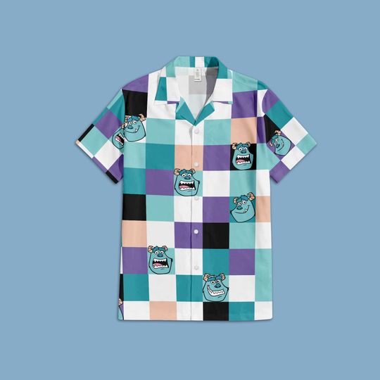 Monster Inc. James Sullivan Button Up Shirt, Monsters Inc. Disney Hawaiian Shirt, Sulley Checkered Hawaiian Shirt