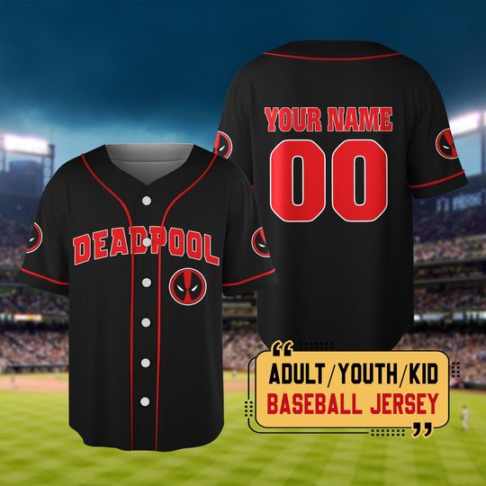 Personalized Deadpool Black Red Baseball Jersey, Custom Wolverine And Deadpool Jersey, SuperHero Sport Themed Shirt, Marvel Matching Jersey