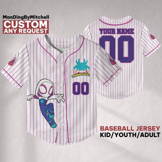 Personalize Spidey And His Amazing Friends Gwen Stacy White Pink Baseball Jersey, Disneyland Family Matching Jersey