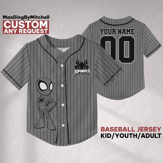 Personalize Spidey And His Amazing Friends Black Grey Baseball Jersey, Disneyland Family Matching Jersey