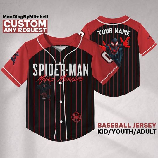 Personalize Spiderman Miles Morales Black Red Baseball Jersey, Disneyland Family Matching Jersey