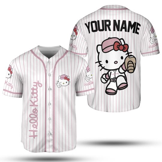 Custom Hello Kitty Baseball Jersey, Cute Kitty Cat Striped White Baseball Shirt, Cartoon Jersey Shirt, Birthday Gifts For Her Women