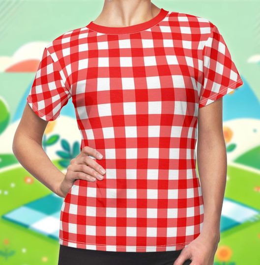 Red Gingham Pattern Picnic Table Cosplay All-Over Costume Lightweight Women's T-Shirt | Food and Wine Bounding | Wine & Dine Costume Idea
