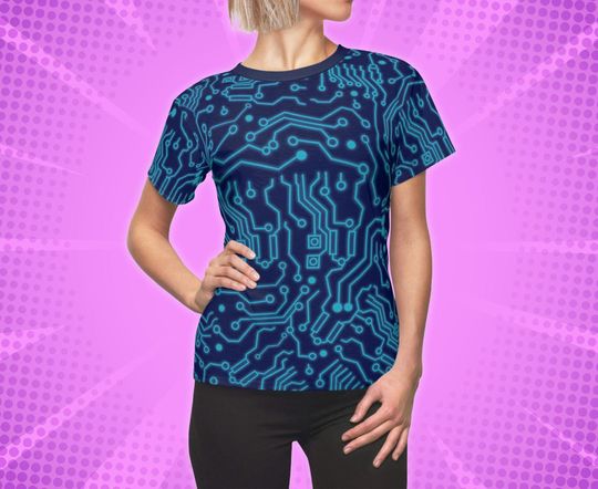 Blue Glowing Effect Circuit Board Motherboard Cyberpunk Pattern All-Over Print Costume Lightweight Women's T-Shirt