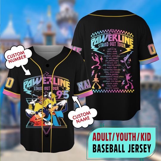 Custom Disney Powerline Stand Out World Tour 95 Baseball Jersey, Disney A Goofy Movie Powerline Jersey, Goofy Powerline Jersey Team