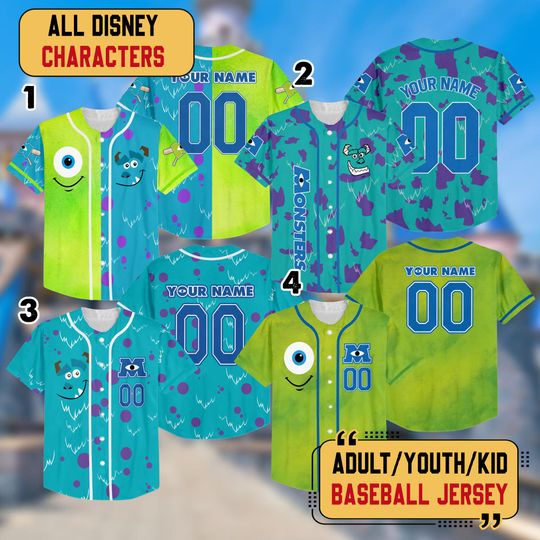 Custom Monster Inc Baseball Jersey, Mike Wazowski Magic Kingdom Baseball Team Matching Shirt, Sulley Monster Inc Birthday Gift for Family