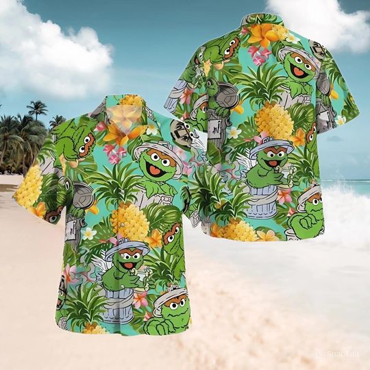 Oscar The Grouch Hawaiian Shirt, Funny The Muppet Show Aloha Shirt, Tropical Sesame Street Shirt for Men, Soft Polyester Summer Shirt Gift