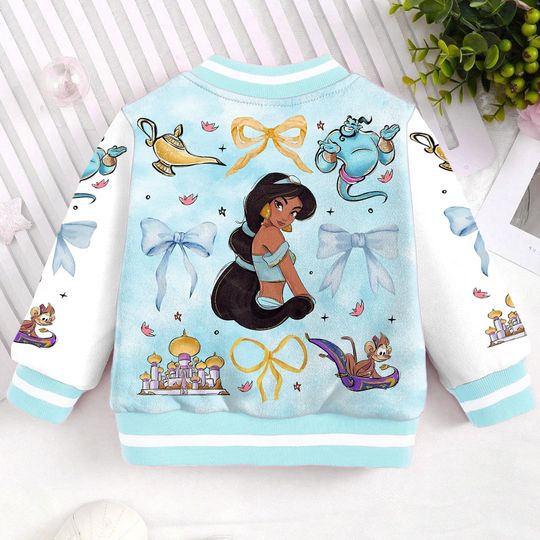 Jasmine Aladdin Genie Locket Coquette Bow Kids and Youth Baseball Jacket, Aldult Unisex Varsity Baseball Jacket