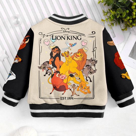 The Lion King Simba Pumba Team With Mickey Balloon Kids and Youth Baseball Jacket, Aldult Unisex Varsity Baseball Jacket