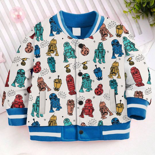 Star Wars Little Things Kids and Youth Baseball Jacket, Droids, R2 D2, BB8 Aldult Unisex Varsity Baseball Jacket