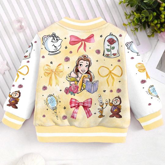 Chip Rose Flower Beauty Beast Belle Locket Coquette Bow Kids and Youth Baseball Jacket, Aldult Unisex Varsity Baseball Jacket