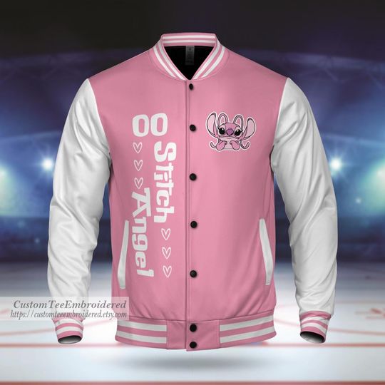 Personalized Stitch and Angel Varsity Jacket, Adult Varsity Jacket, Personalized Jacket, Baseball Team Outfit, Disney Uniform Varsity
