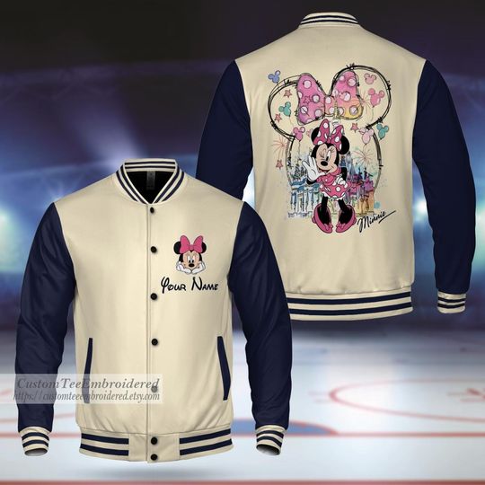 Personalized Name Minnie Mouse Music Varsity Jacket, Matching Baseball Team Outfit, Adult Varsity Jacket,Custom Disney Jacket,Minnie Varsity