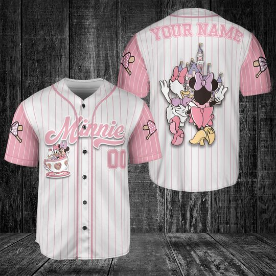 Personalized Disney Minnie Mouse White Pink Baseball Jersey, Disney Minnie Mouse Jersey