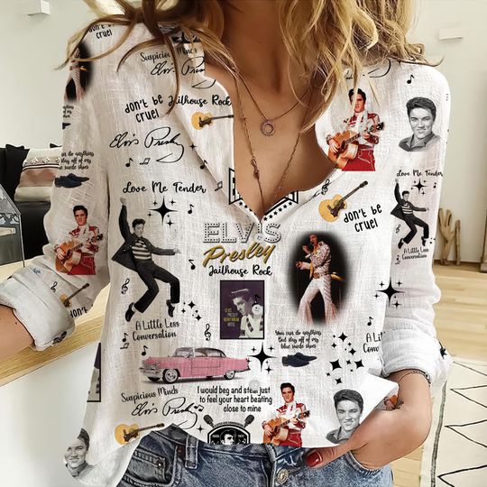 Elvis Presley Music Women Linen Casual Shirt, Women Casual Clothing, Women Casual Blouses, Elvis Presley Gifts, Summer Women Shirt