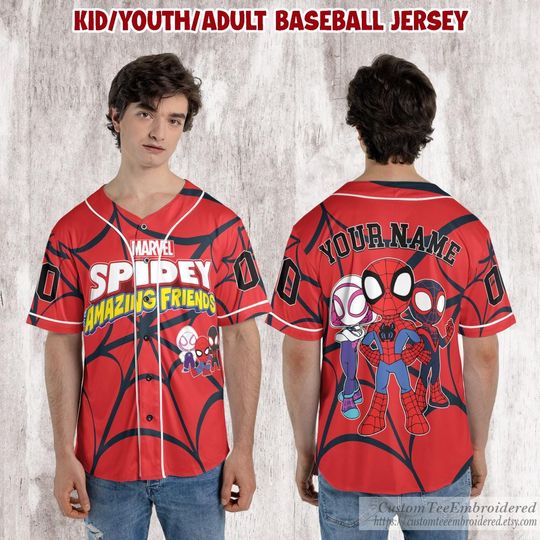 Custom Spidey And His Amazing Friends Baseball Jersey, Spidey Baseball Jersey Kids, Youth, Adult, Spiderman Birthday Boy Jersey