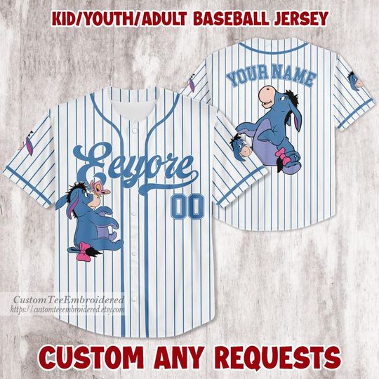 Custom Disney Winnie The Pooh Eeyore Baseball Jersey, Kid Youth Adult Disney Jersey, Disney Baseball Team Outfit