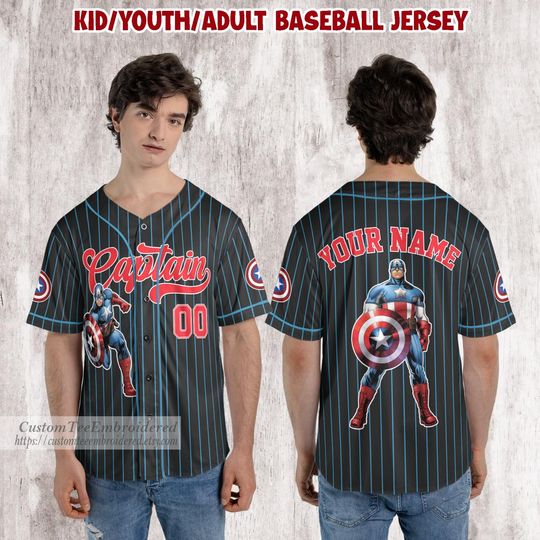 Personalized Marvel Captain America Baseball Jersey, Captain America Superhero Kids Jersey ,Disney Baseball Jersey Family Shirt