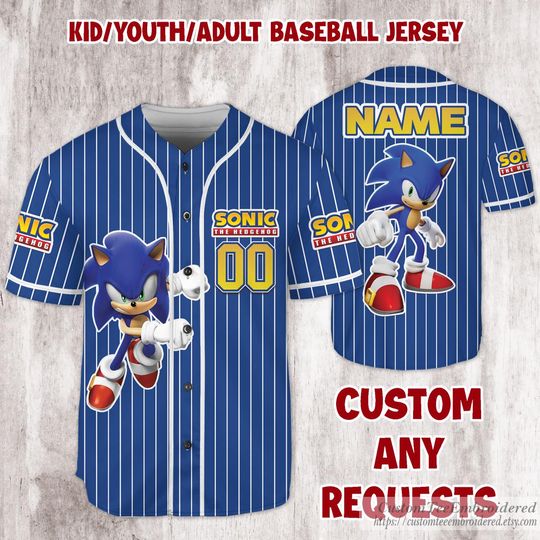 Personalized Sonic the Hedgehog Baseball Jersey, Kids, Youth, Adult Baseball Jersey, Retro Gamer Jersey, Sonic Birthday Gift