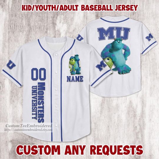 Discover Personalized Monsters Inc Baseball Jersey, James Mike and Boo Jersey Shirt, Pixar Monsters Inc Baseball Shirt, Baseball Jersey Shirt